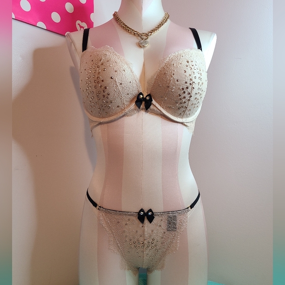 Y2K VS Very Sexy Rhinestone Lace Fashion Show Bra/ Panty Set Size 34D/Lg - Picture 2 of 10